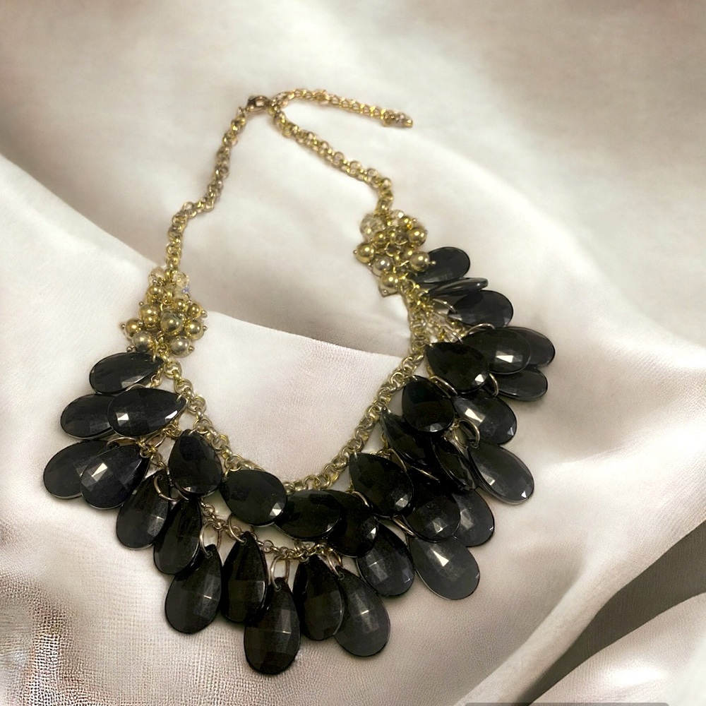 Vintage Silver Tone Black Silver Clear Beaded Choker Necklace 12” Lobster Claw